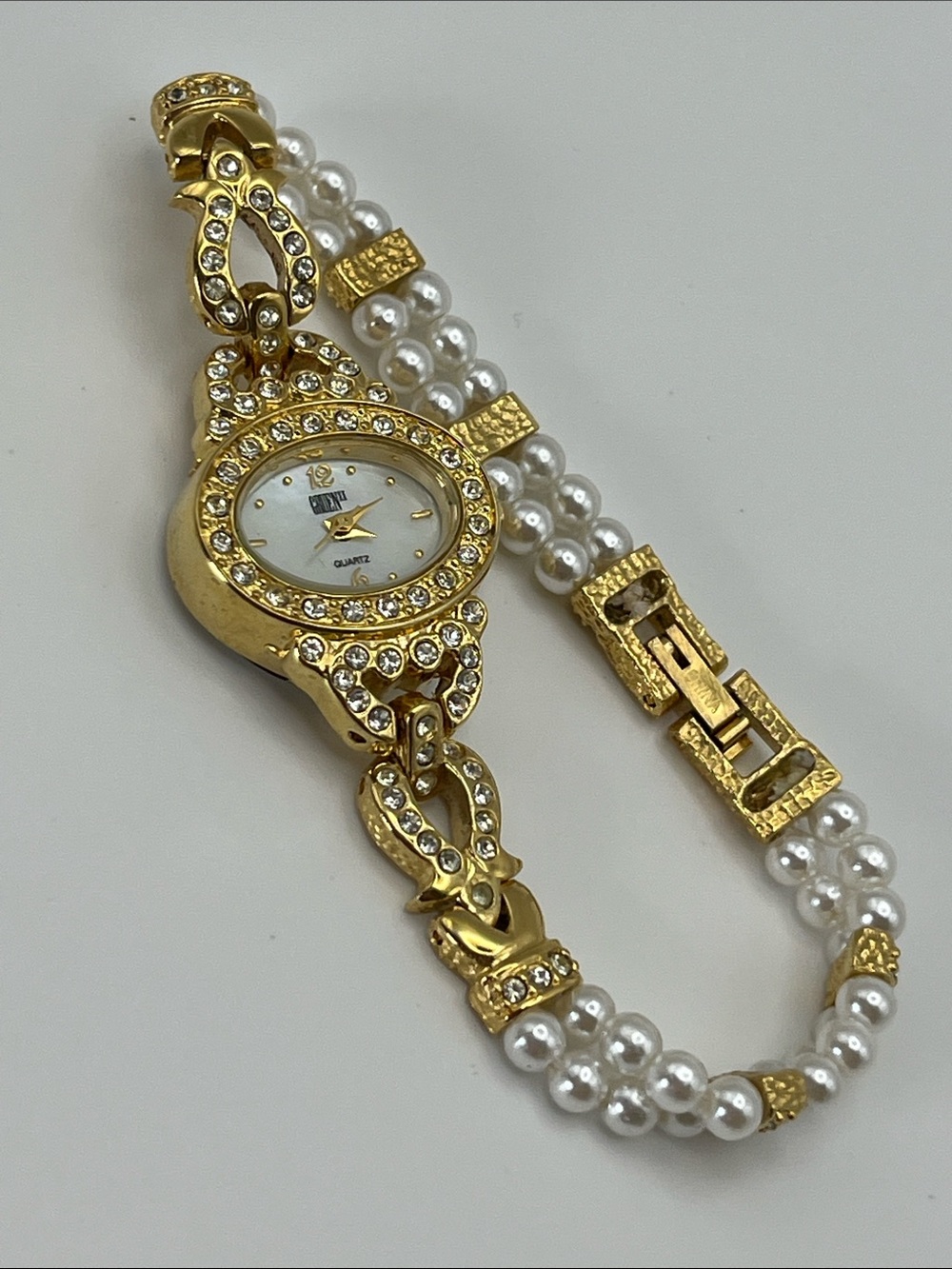 Gruen Gold Crystal & Pearl Bracelet Watch